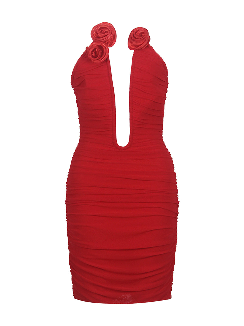 Red Plunge Neck Rosette Applique Halter Ruched Bodycon Mini Dress