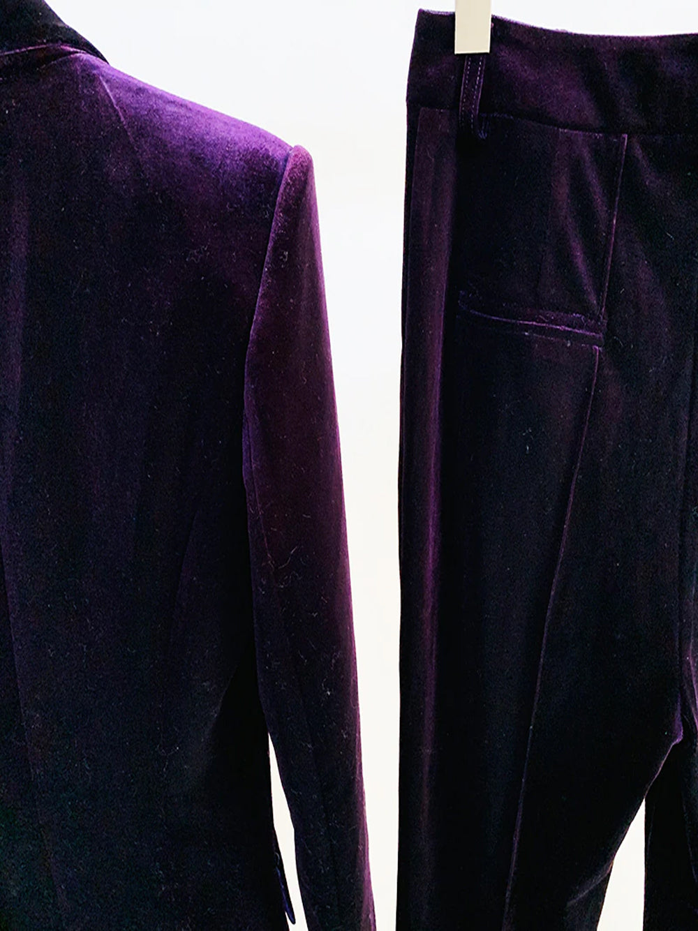 Purple Peak Lapel Plunge Velvet Blazer And Flared Pants Set 10