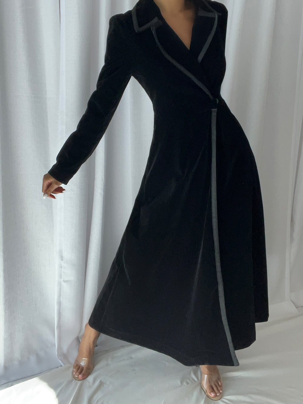 Black Lapel Collar Satin Trim Velvet Wrap Front Longline Duster 3