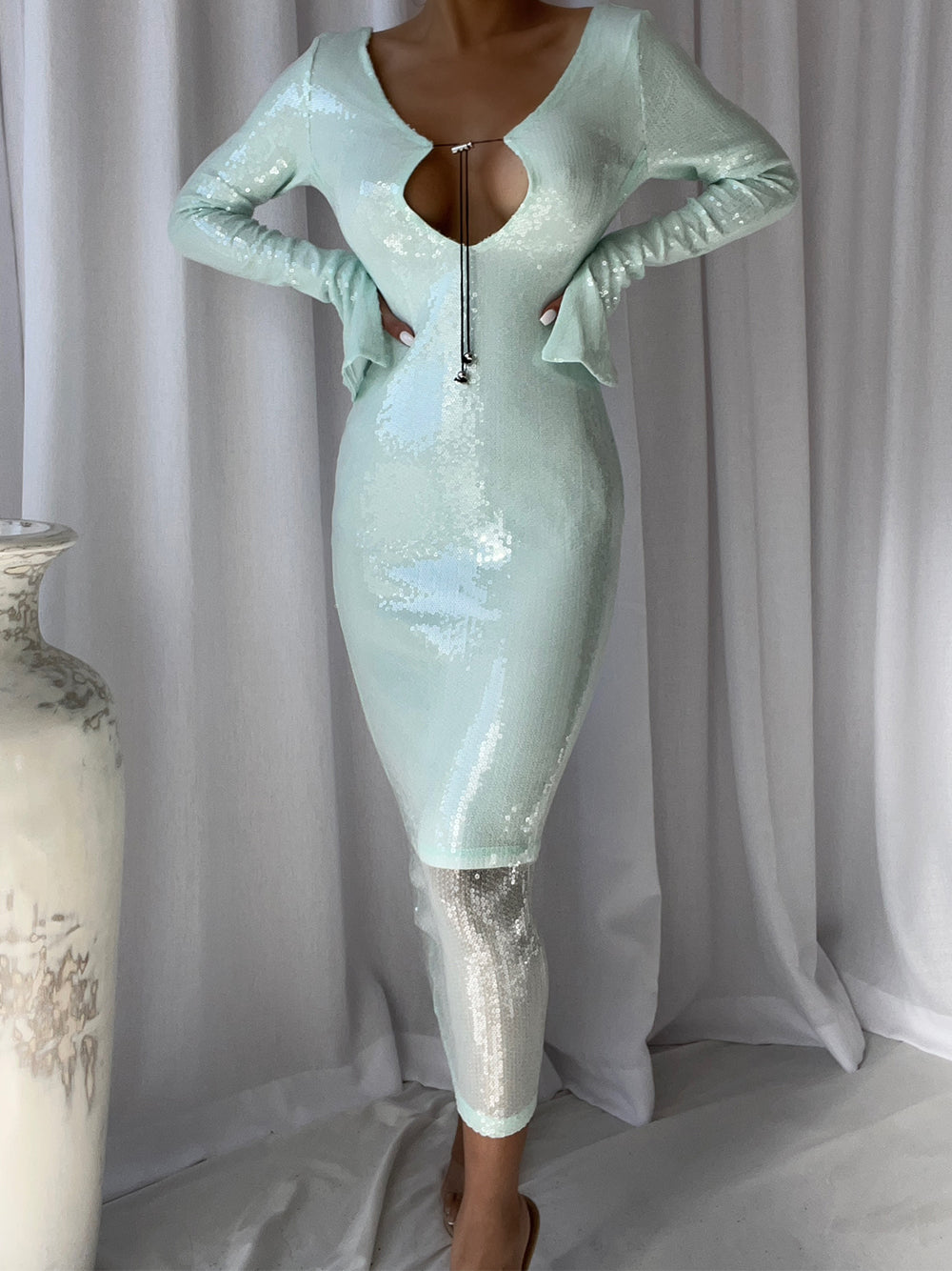 Light Mint Scoop Neck Sequin Ring Cutout Long Sleeve Bodycon Midi Dress 4