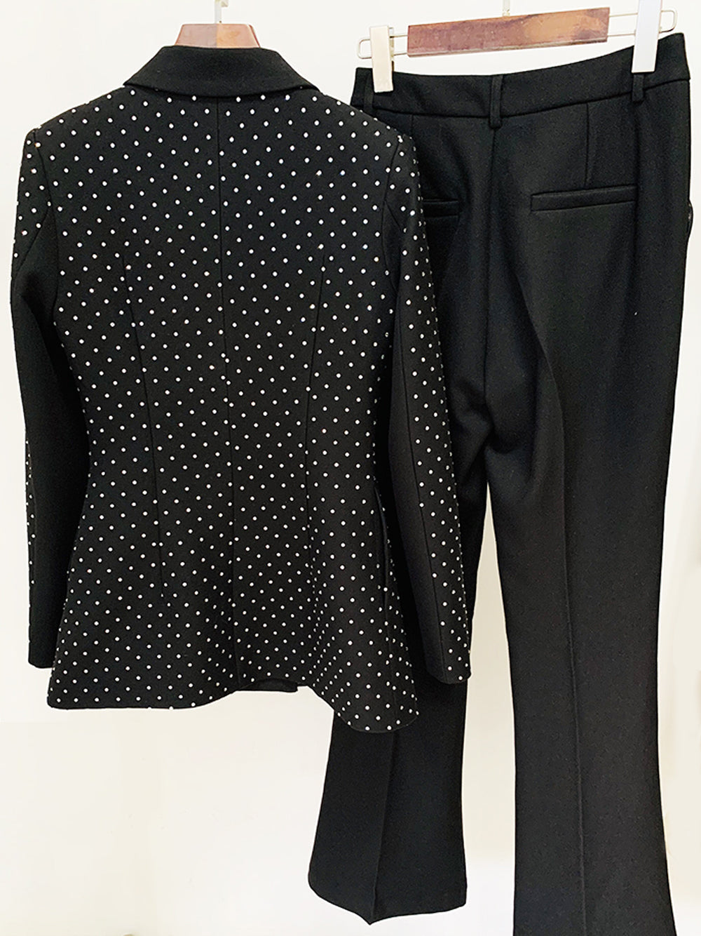 Black Rhinestone Studded Notch Lapel Blazer Flare Pants Set 7