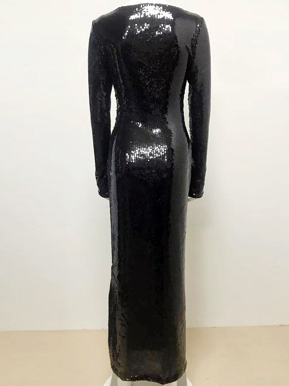 Black Plunge Neck Long Bell Sleeve Sequin Bodycon Maxi Dress