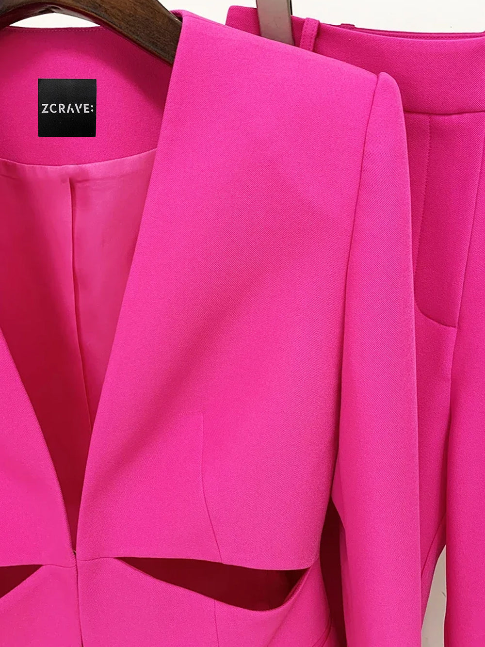 Fuchsia Collarless Plunge Cutout Blazer and Split Leg Pants Set