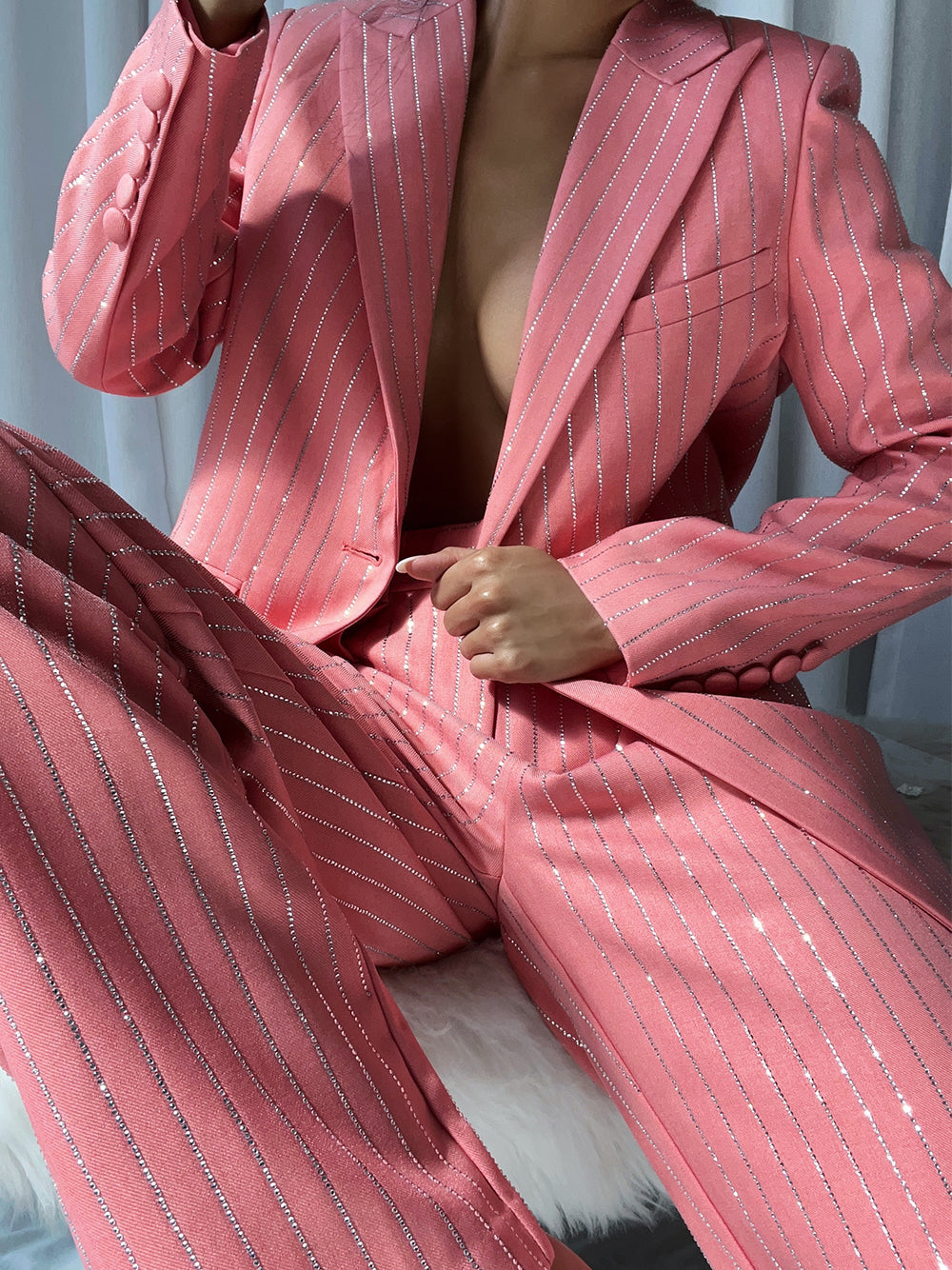 Pink Peak Lapel Rhinestone Pinstripe Oversized Blazer And Pants Set 5