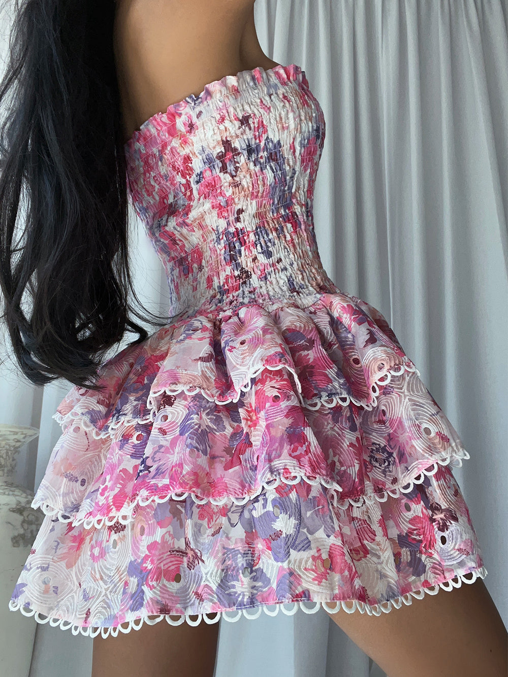 Pink Strapless Shirred Floral Tiered Ruffle Scalloped Trim Mini Dress 3