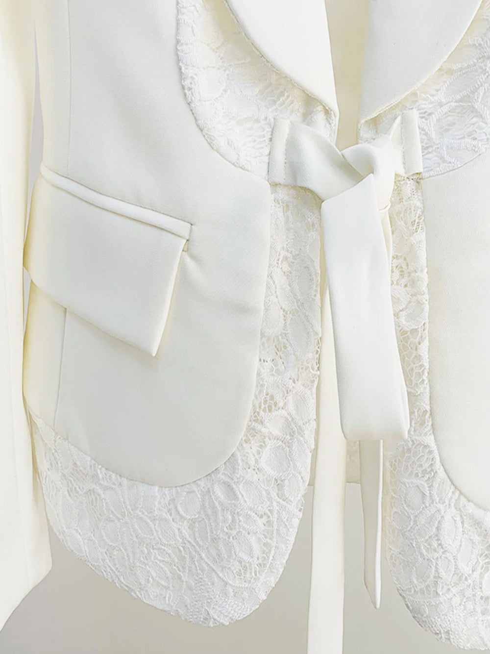 White Shawl Lapel Lace Trim Tie Front Blazer Pants Set