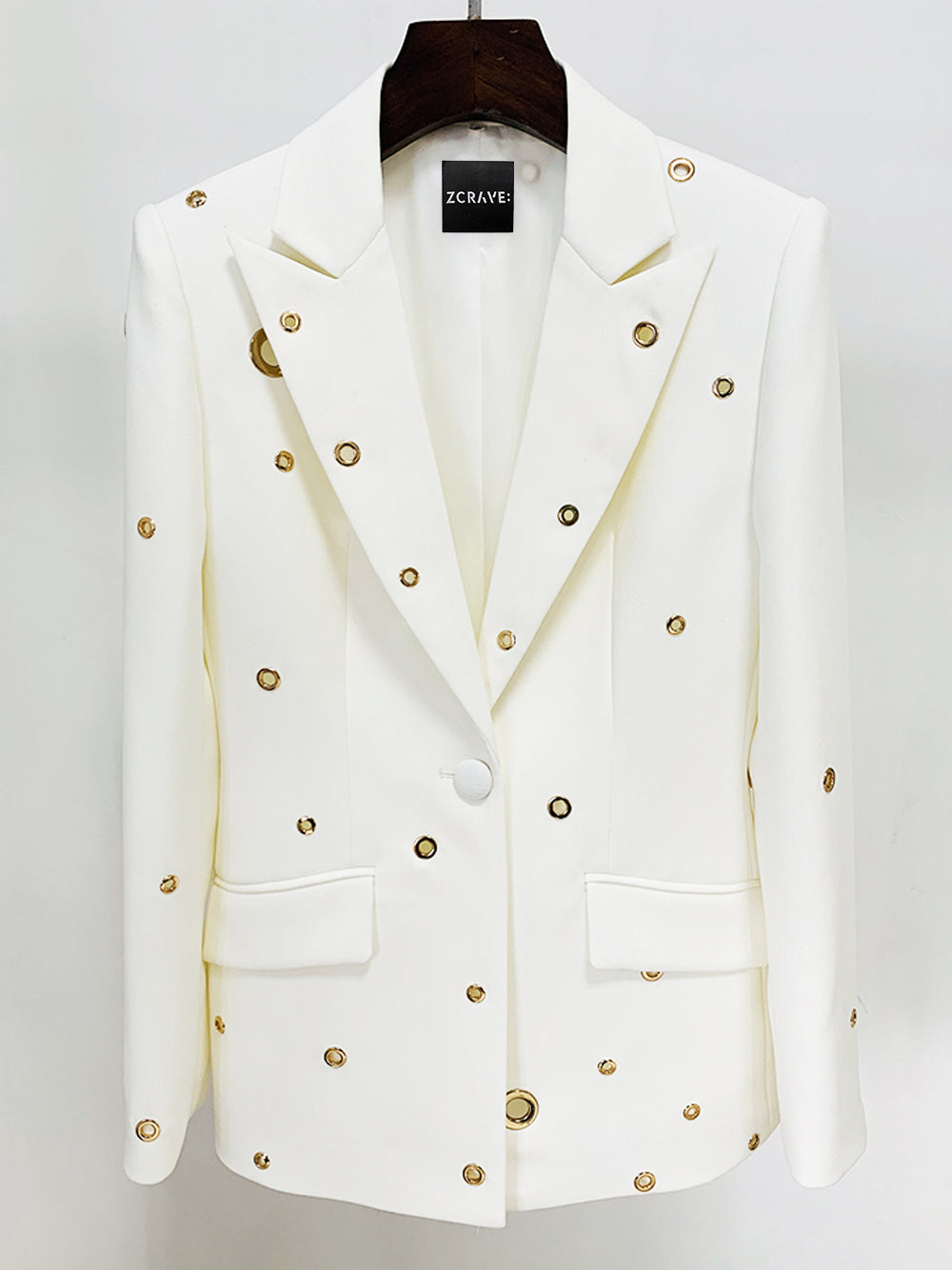 White Peak Lapel Gold Eyelet Blazer And Pants Set