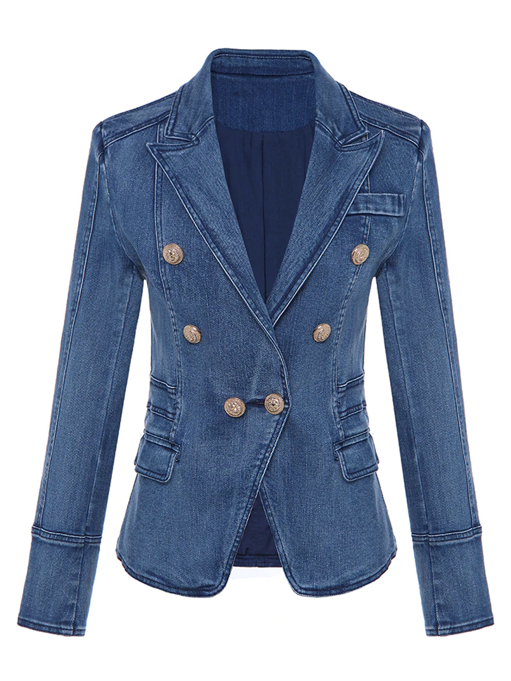 Denim Peak Lapel Double-Breasted Gold Button Denim Blazer