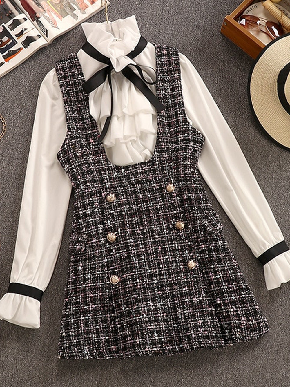 Gray Ruffle Bow Blouse and Tweed Pinafore Mini Dress Set