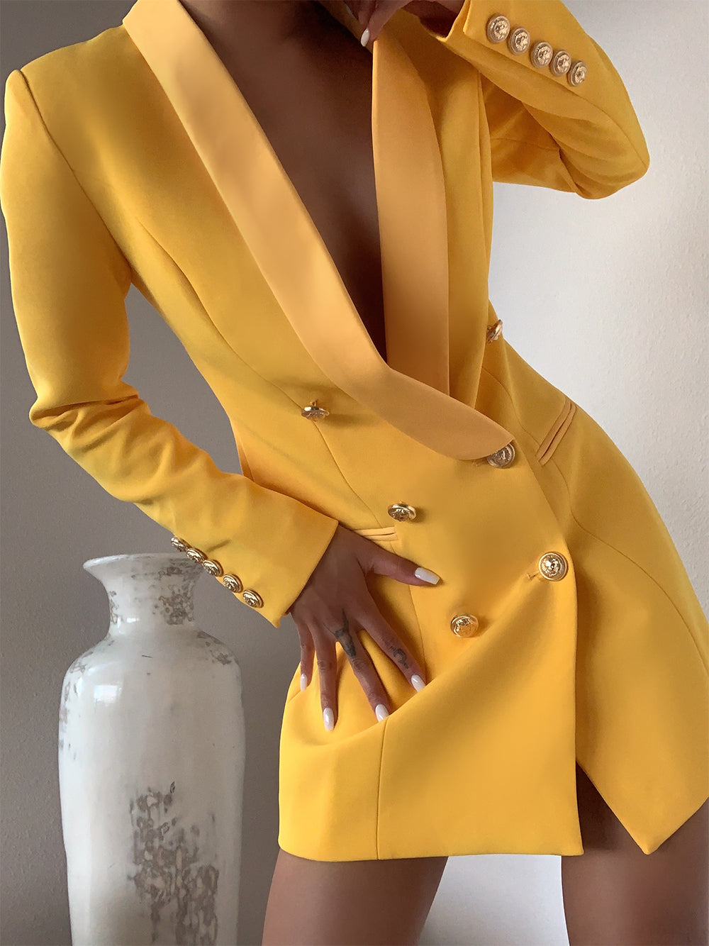 Yellow Shawl Lapel Double Breasted Gold Button Blazer Mini Dress 2