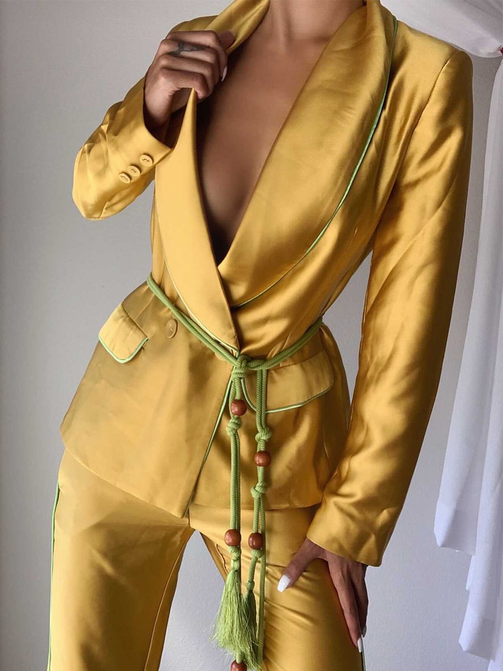 Gold Shawl Lapel Satin Tassel Belt Blazer and Pants Set