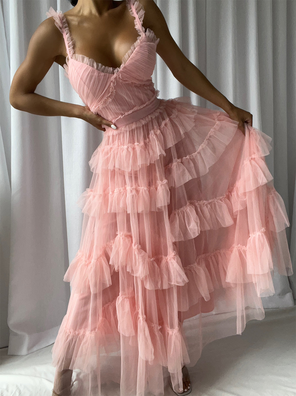 Pink Ruffle Strap Sweetheart Tiered Tulle Fit-and-Flare Maxi Dress 4