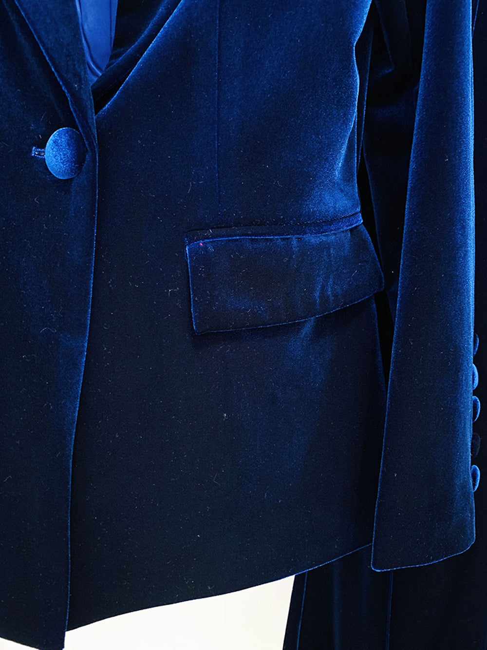 Navy Blue Peak Lapel Plunge Velvet Blazer And Flared Pants Set