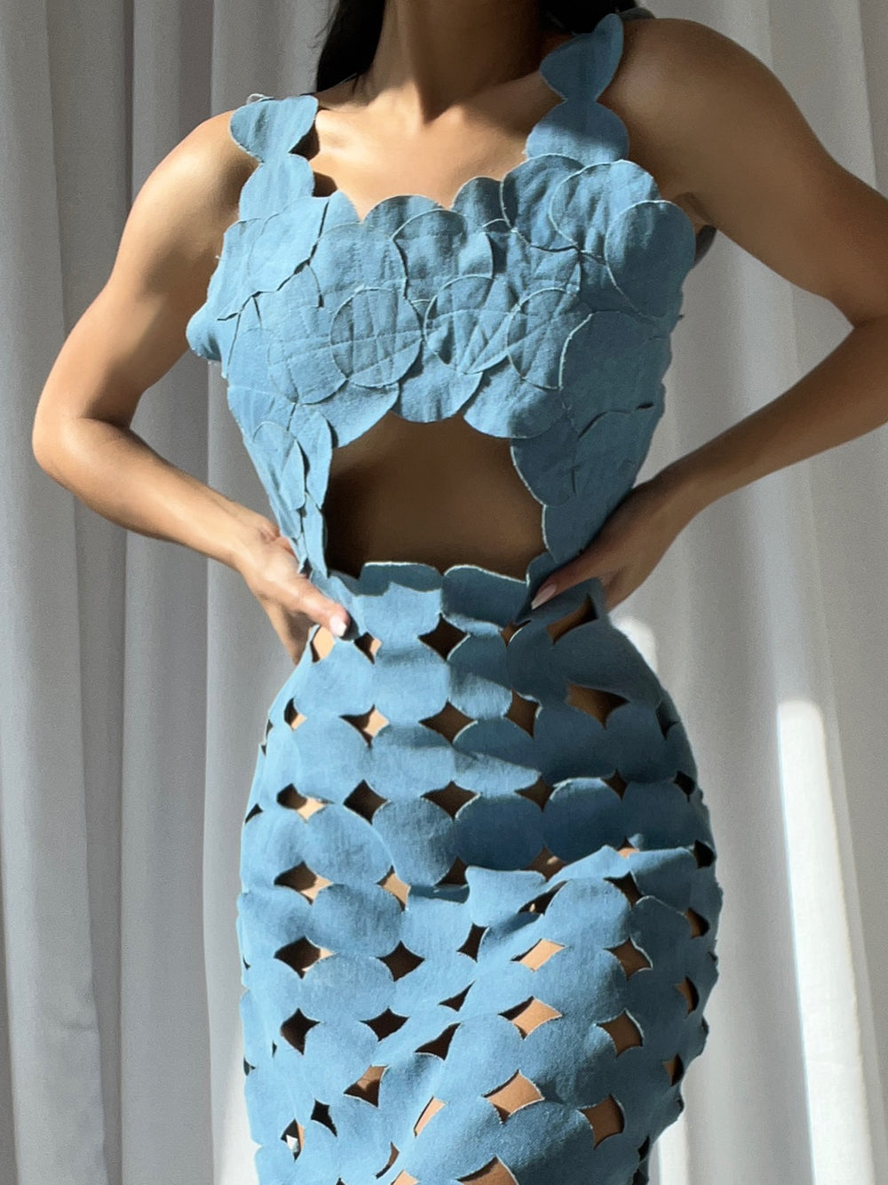 Denim Halter Neck Disc Link Cutout Waist Fringe Bodycon Maxi Dress 6