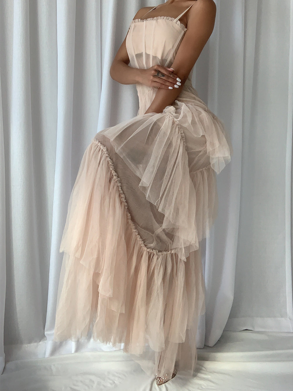 Beige Strap Corset Bustier Tiered Ruffle Tulle Maxi Gown 3