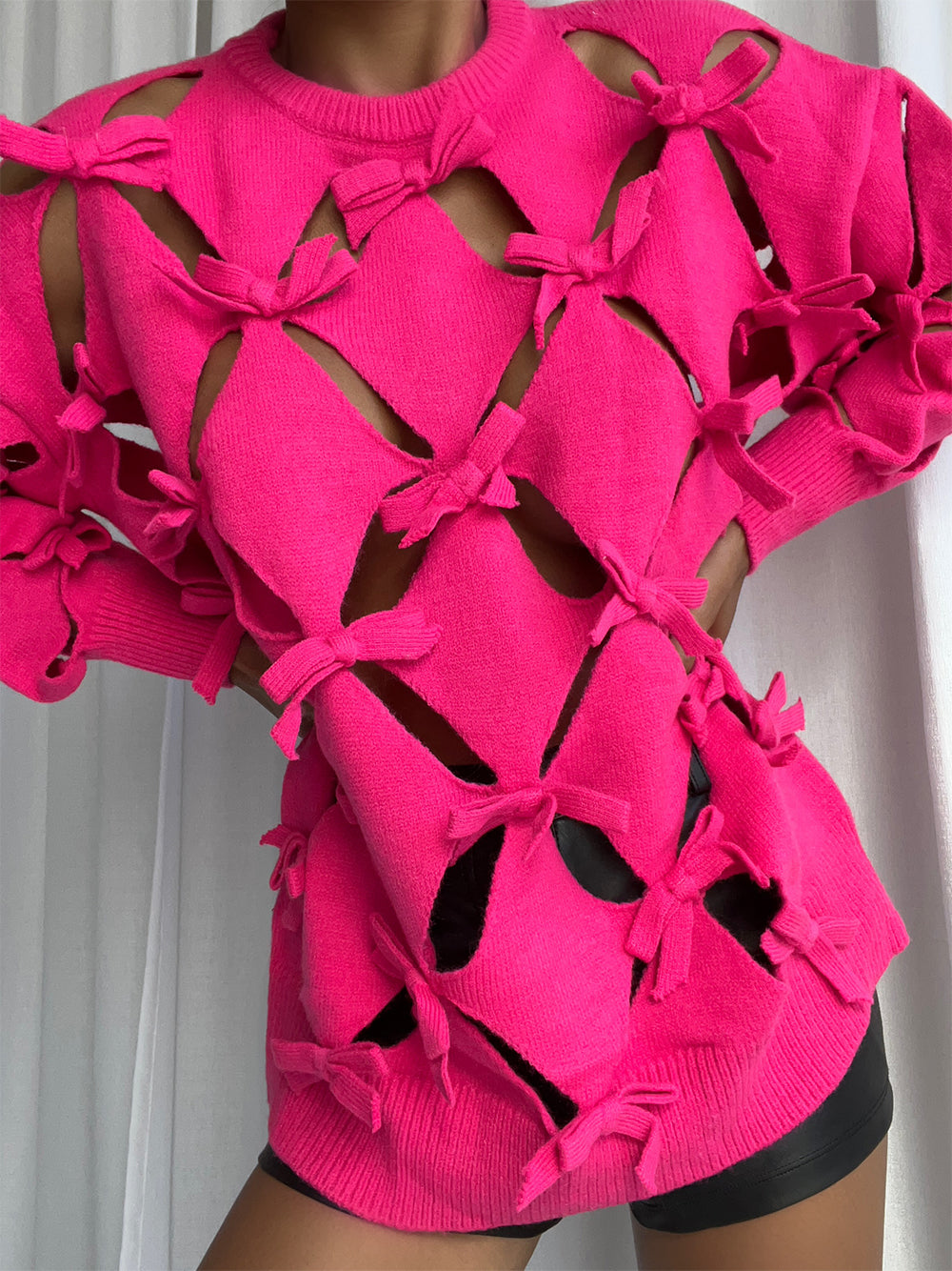 Fuchsia Round Neck Bow Cutout Long Sleeve Knit Sweater