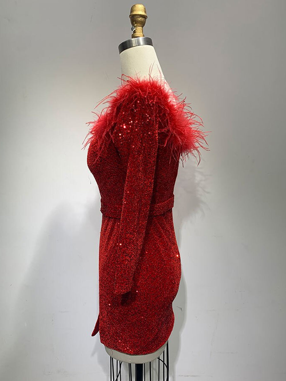 Red Off-Shoulder Feather Trim Sequin Long Sleeve Bodycon Mini Dress