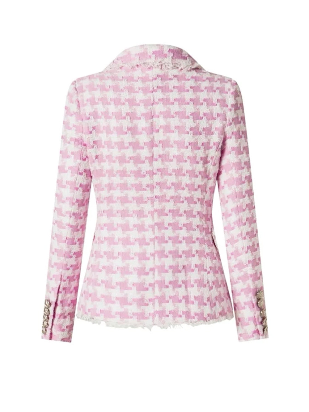 Pink Shawl Collar Double Breasted Houndstooth Tweed Blazer 10