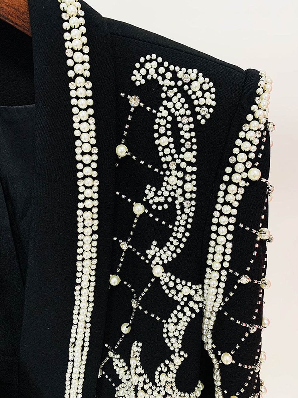 Black Shawl Lapel Pearl Beaded Rhinestone Long Sleeve Blazer Mini Dress