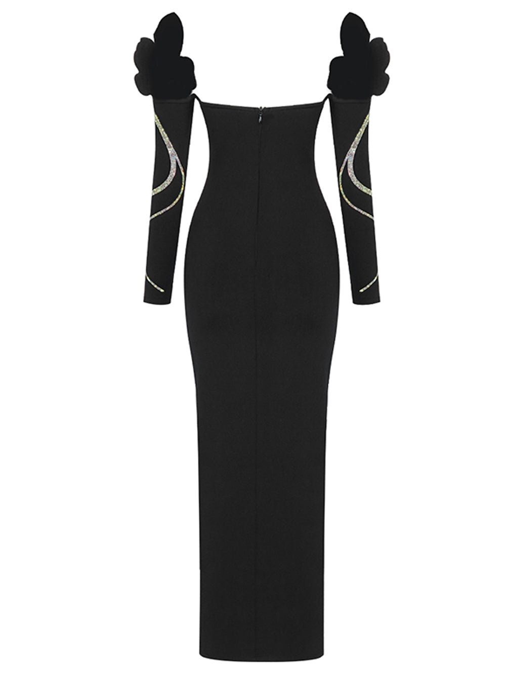 Black Off-Shoulder Rhinestone Floral Applique Long Sleeve High Slit Maxi Gown