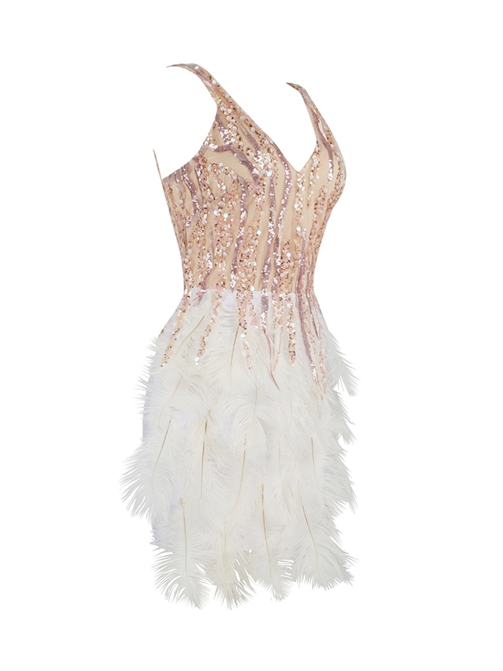 Pink V-Neck Sequin Feather Tiered Bodycon Mini Dress 9