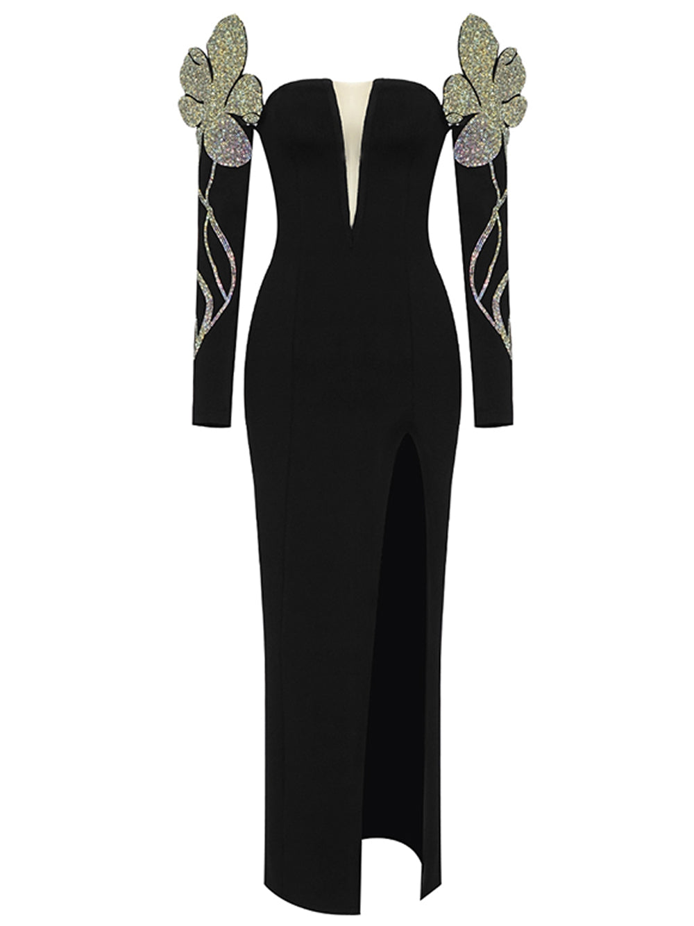 Black Off-Shoulder Rhinestone Floral Applique Long Sleeve High Slit Maxi Gown