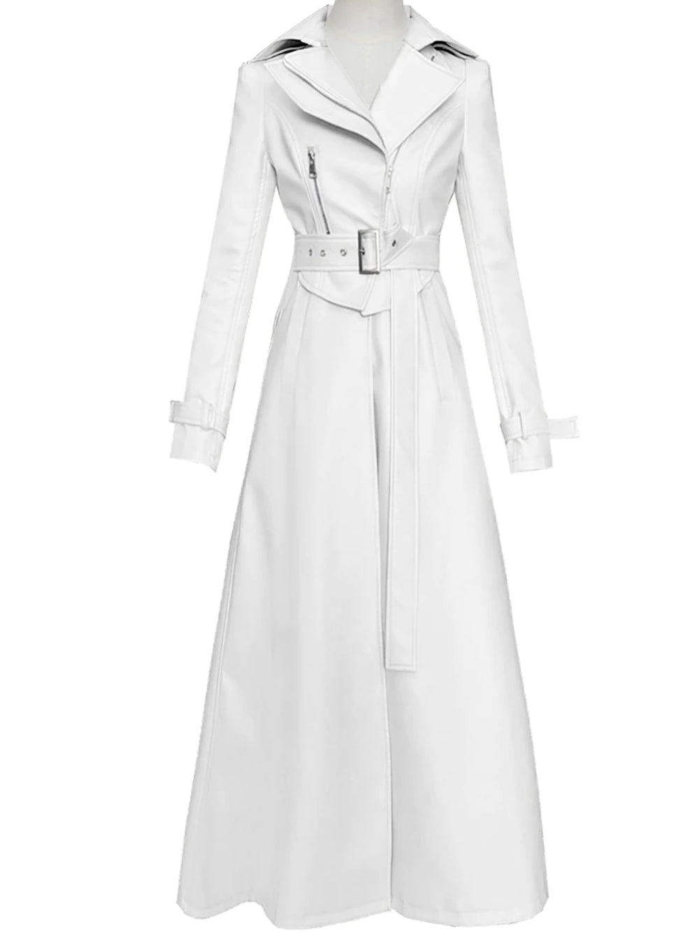 White Lapel Collar Zip Front Buckle Cuff Faux Leather Trench Coat