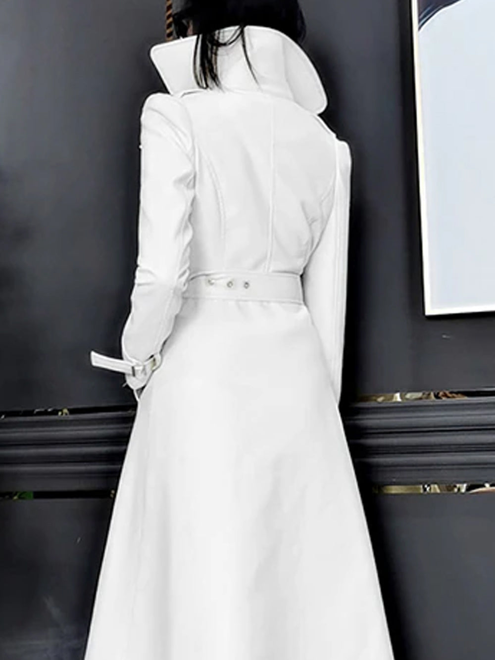 White Lapel Collar Zip Front Buckle Cuff Faux Leather Trench Coat
