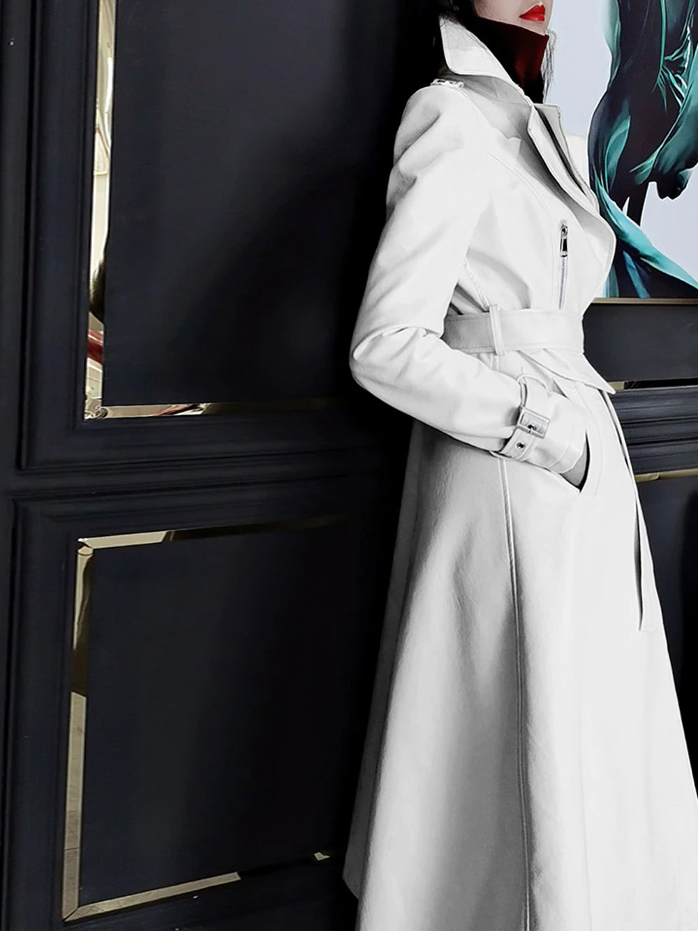 White Lapel Collar Zip Front Buckle Cuff Faux Leather Trench Coat