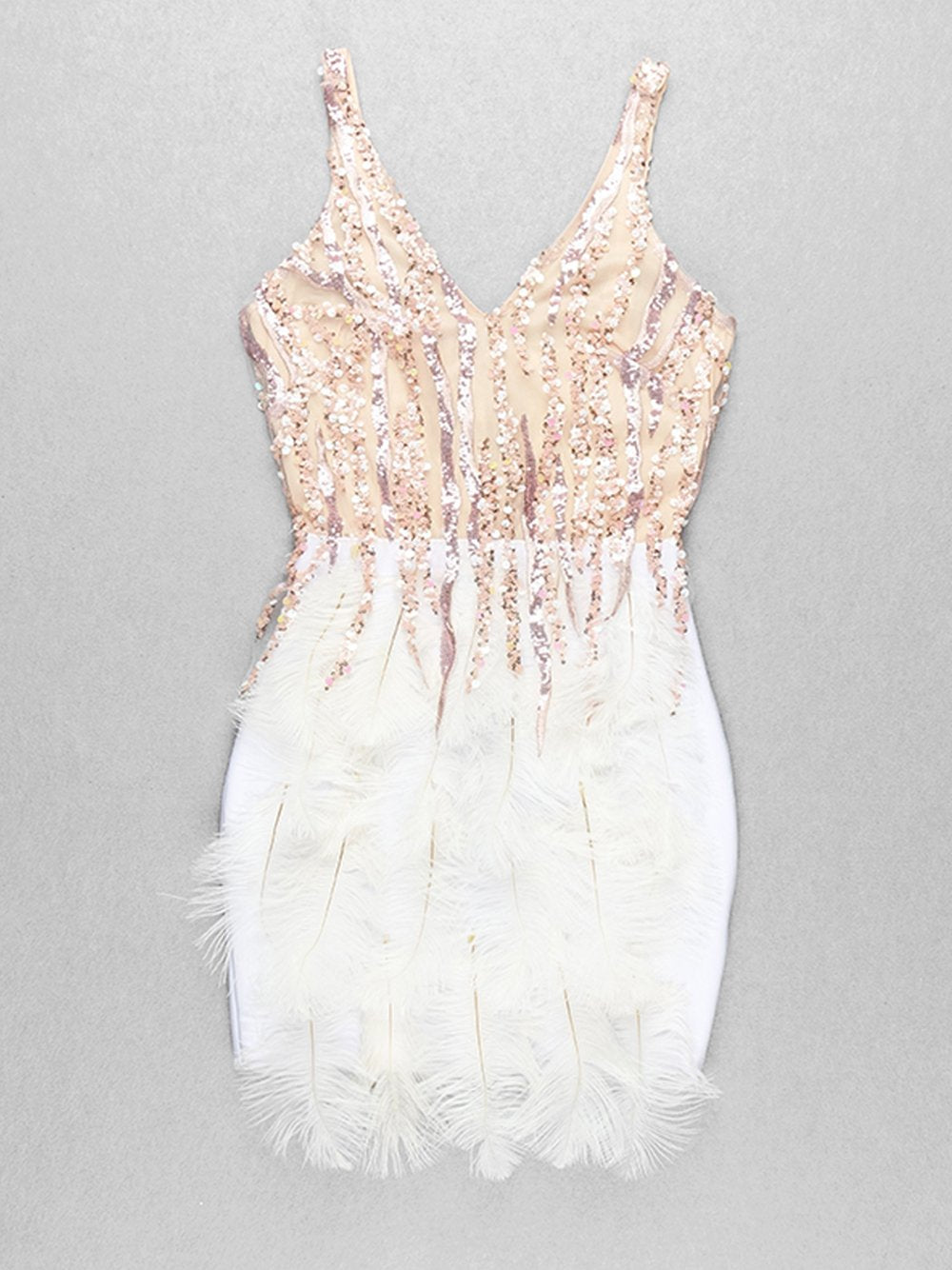 Pink V-Neck Sequin Feather Tiered Bodycon Mini Dress 10