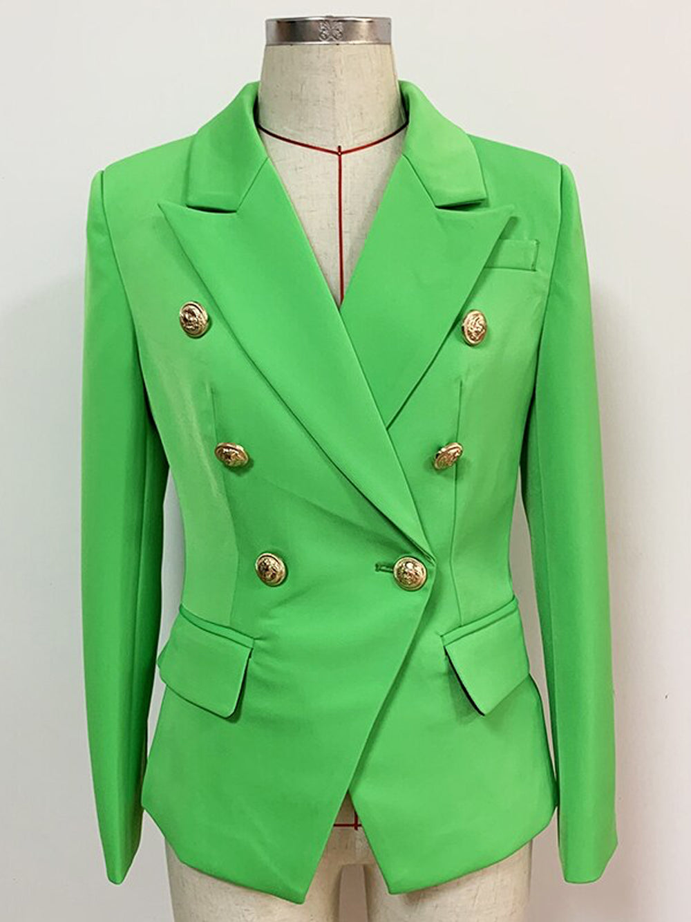 Green Peak Lapel Double Breasted Gold Button Fitted Blazer