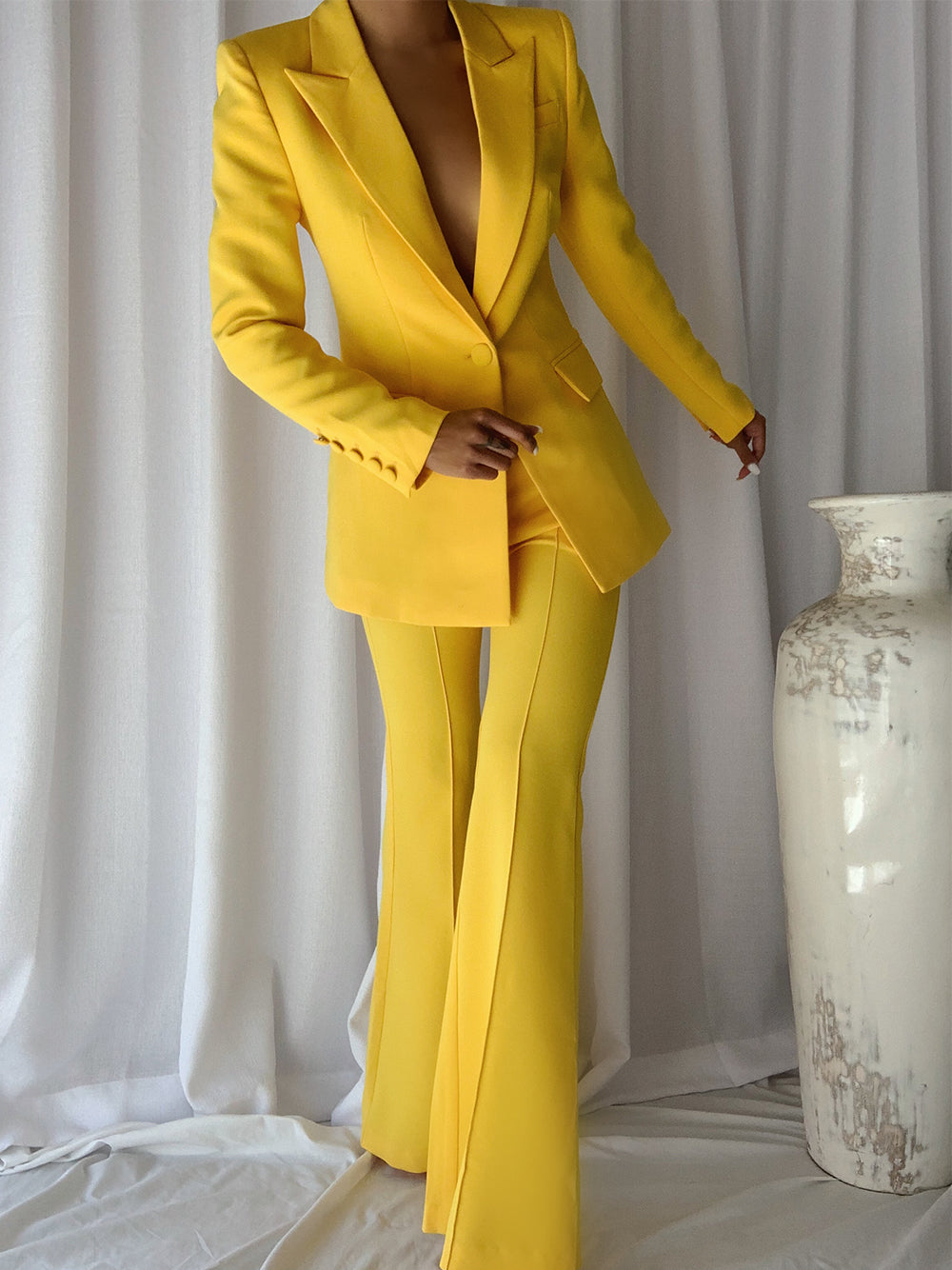 Yellow Peak Lapel Tailored Blazer and Flared Trouser Set 5