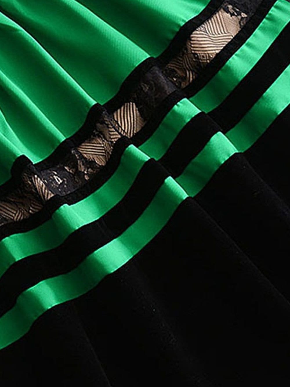 Green High Neck Lace Panel Velvet Trim Puff Sleeve Pleated Mini Dress 5