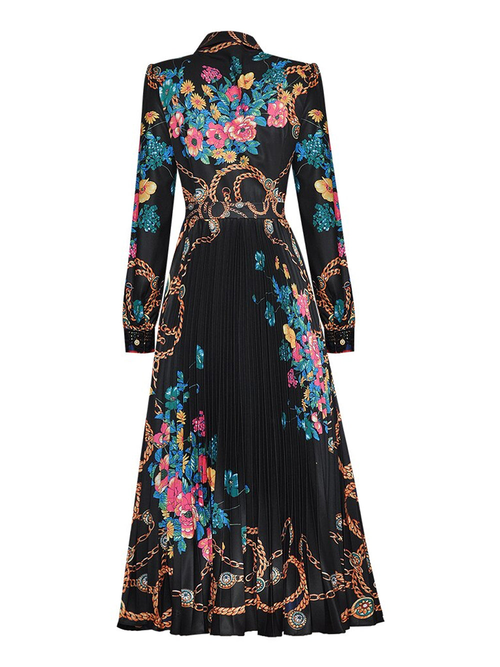 Collared Lace Trim Floral Baroque Print Long Sleeve Pleated Midi Dress 14