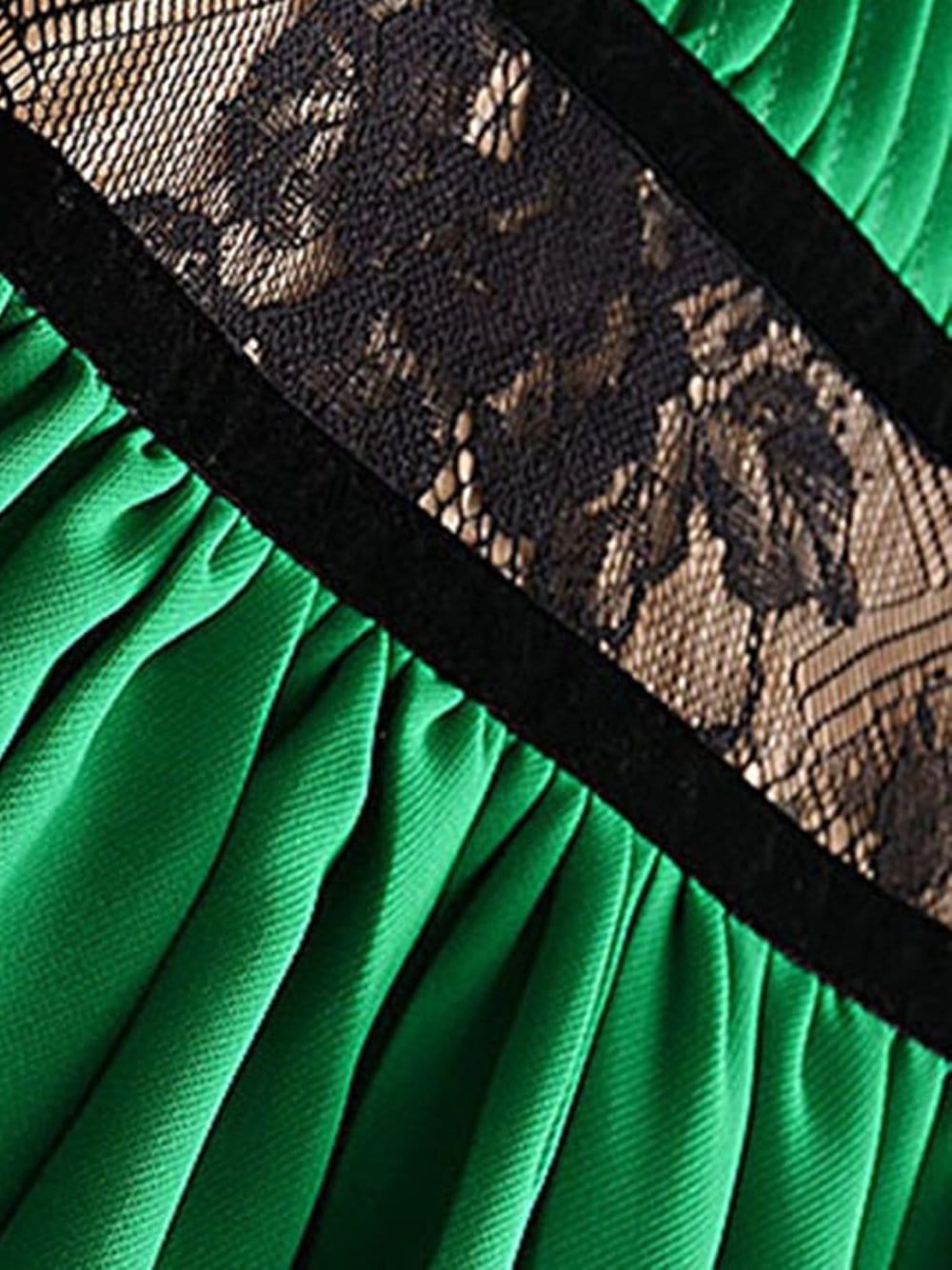 Green High Neck Lace Panel Velvet Trim Puff Sleeve Pleated Mini Dress 3