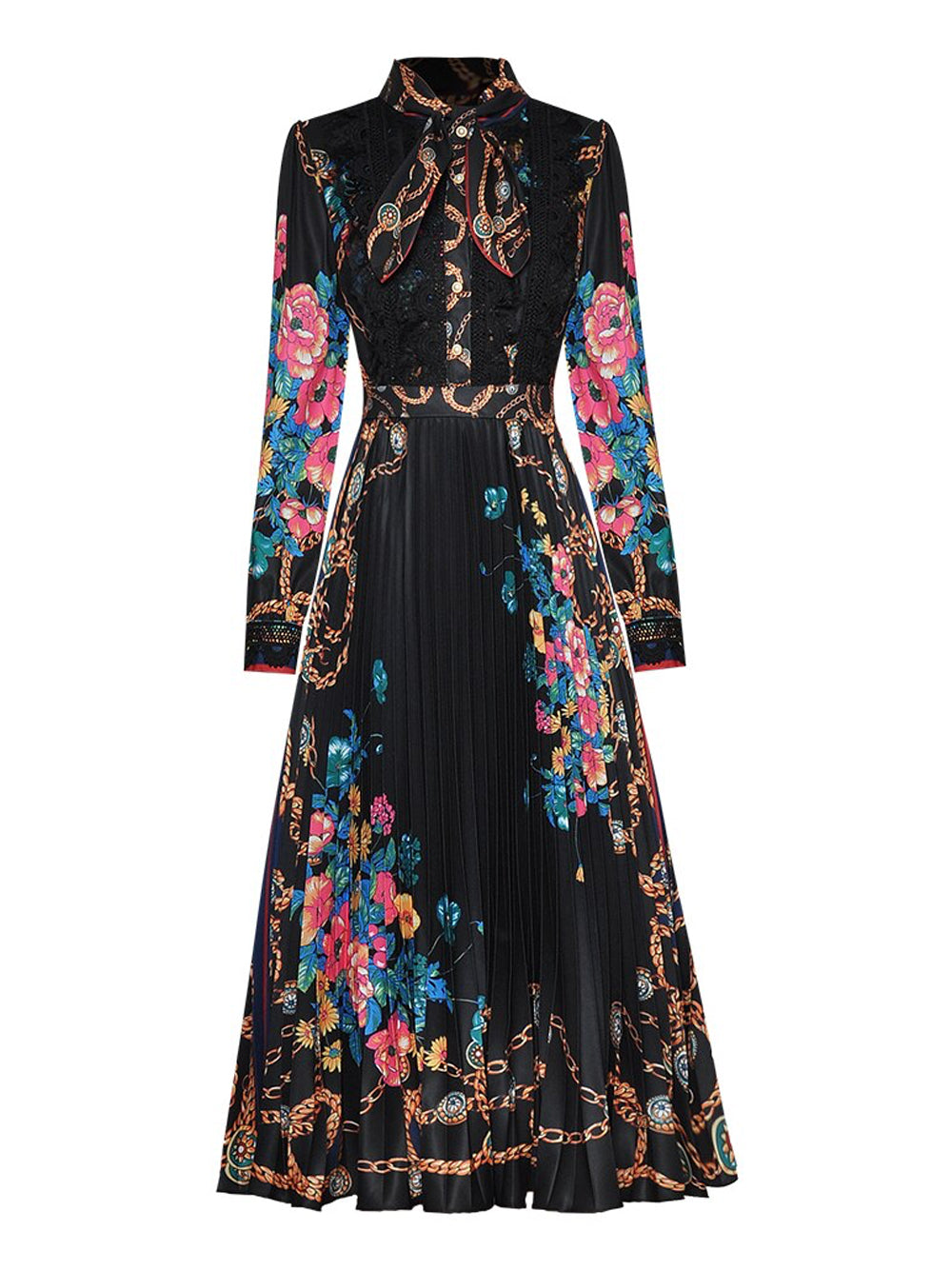 Collared Lace Trim Floral Baroque Print Long Sleeve Pleated Midi Dress 13