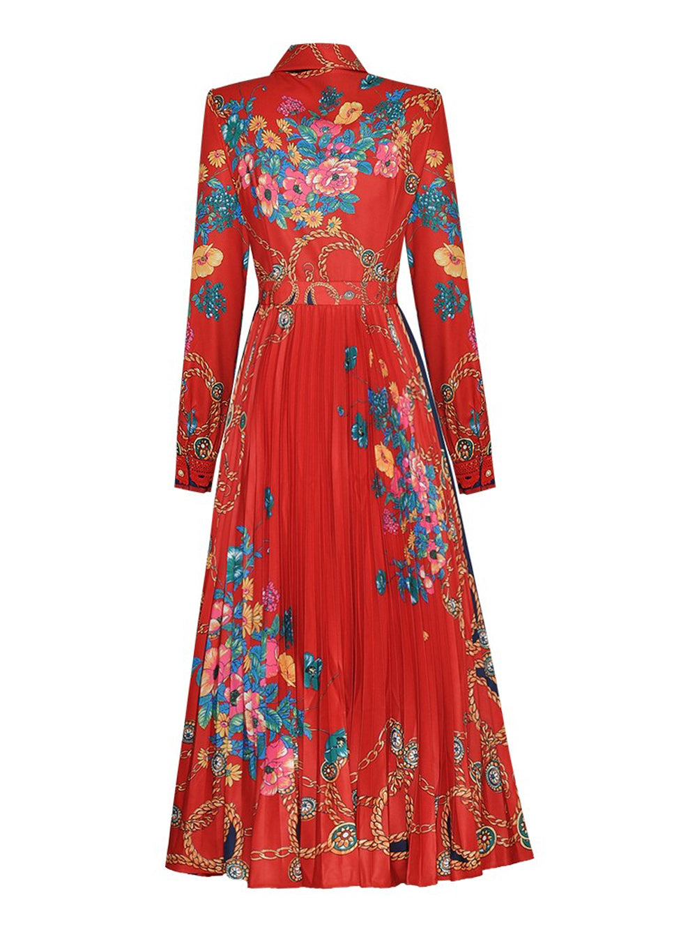 Collared Lace Trim Floral Baroque Print Long Sleeve Pleated Midi Dress 12