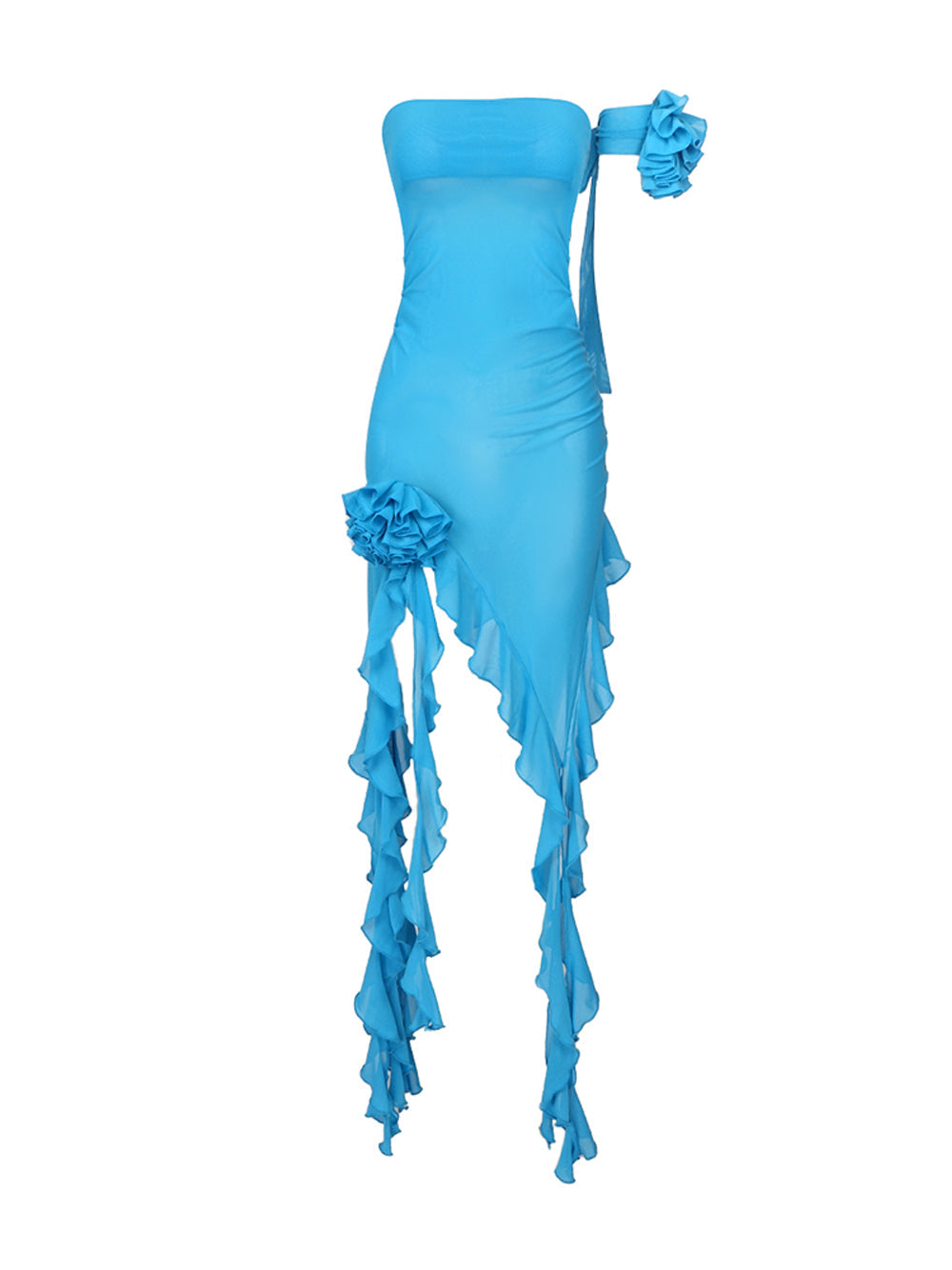 Blue Strapless Rosette Flower Ruched Asymmetric Ruffle High Slit Maxi Dress 11