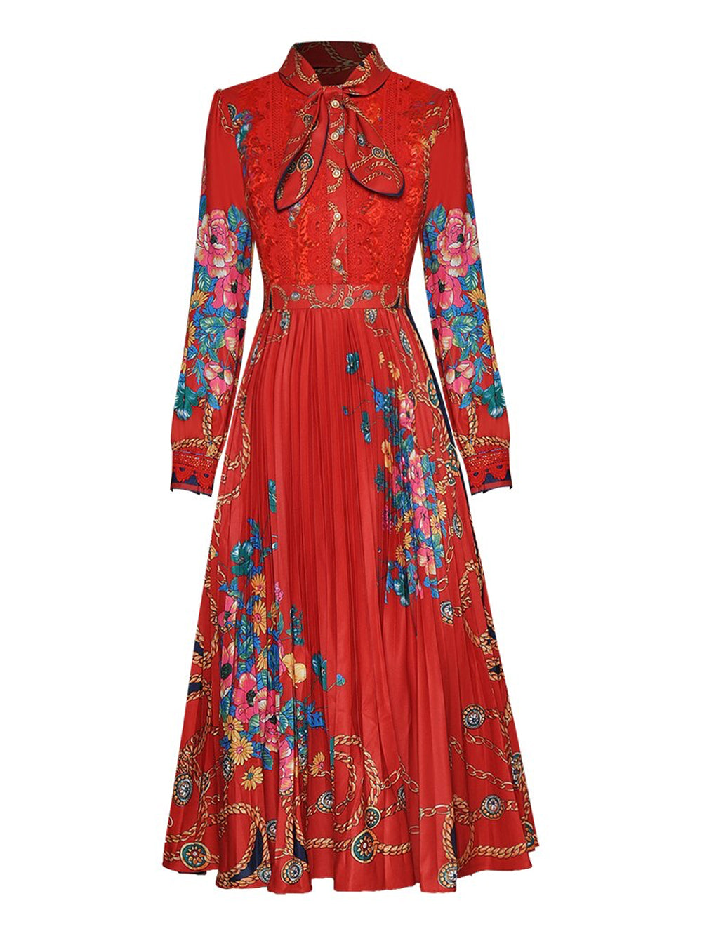 Collared Lace Trim Floral Baroque Print Long Sleeve Pleated Midi Dress 11