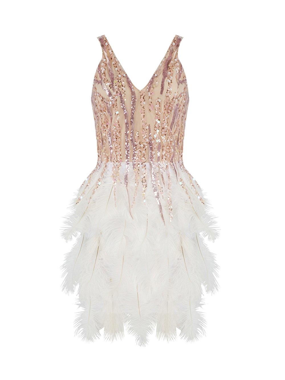 Pink V-Neck Sequin Feather Tiered Bodycon Mini Dress