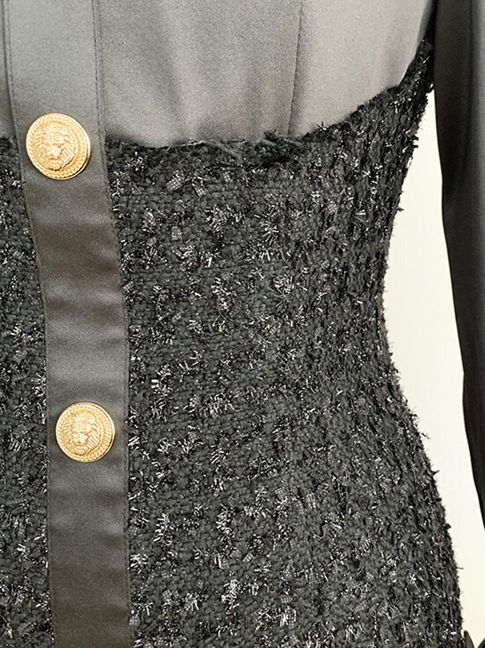 Black Collared Gold Button Tinsel Tweed Long Sleeve Bodycon Mini Dress