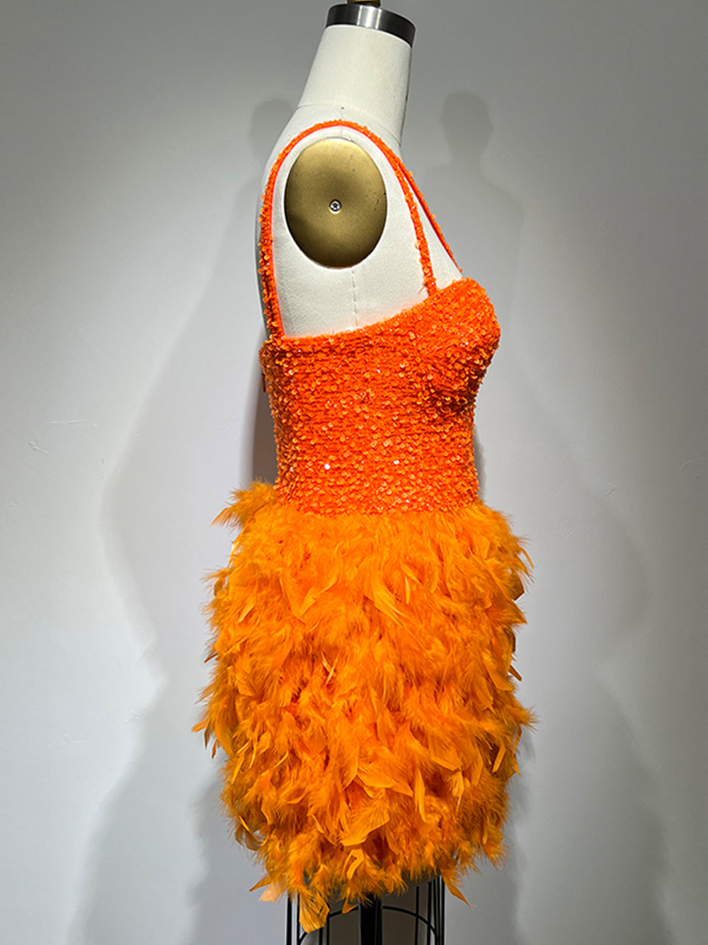 Orange Sweetheart Strappy Sequin Bodice Feather A-Line Mini Dress 8