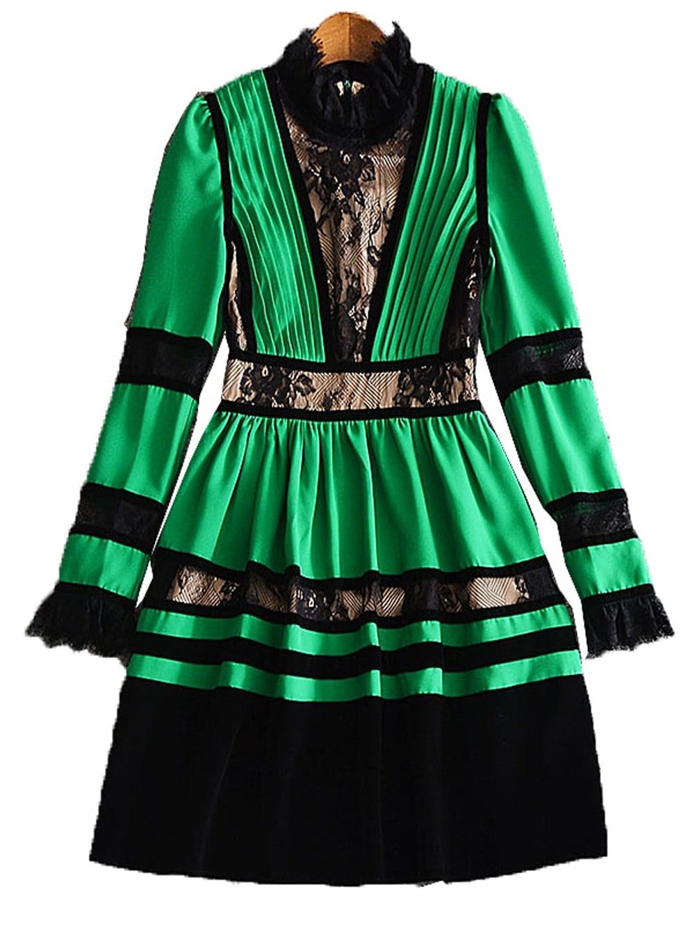 Green High Neck Lace Panel Velvet Trim Puff Sleeve Pleated Mini Dress 8