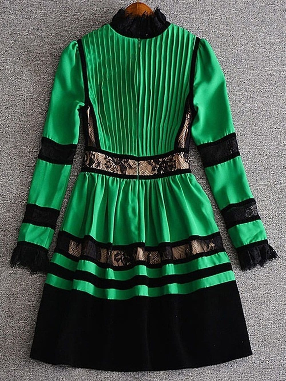 Green High Neck Lace Panel Velvet Trim Puff Sleeve Pleated Mini Dress 9