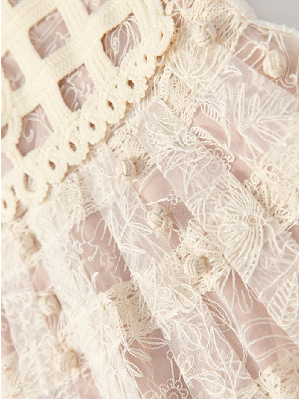 Beige Round Neck Puff Sleeve Crochet Lace Cutout A-Line Midi Dress 6