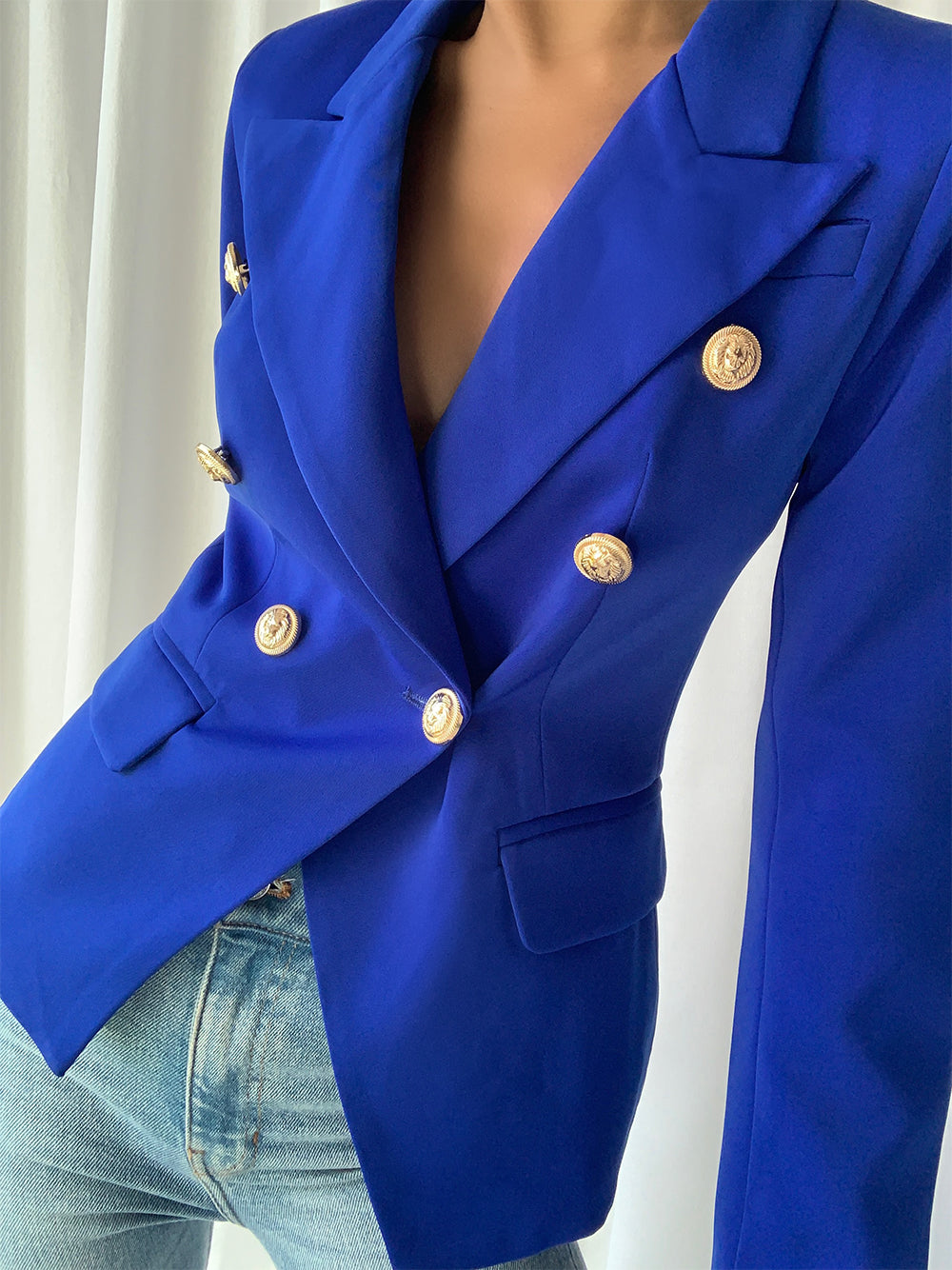 Blue Peak Lapel Double-Breasted Gold Button Blazer 2