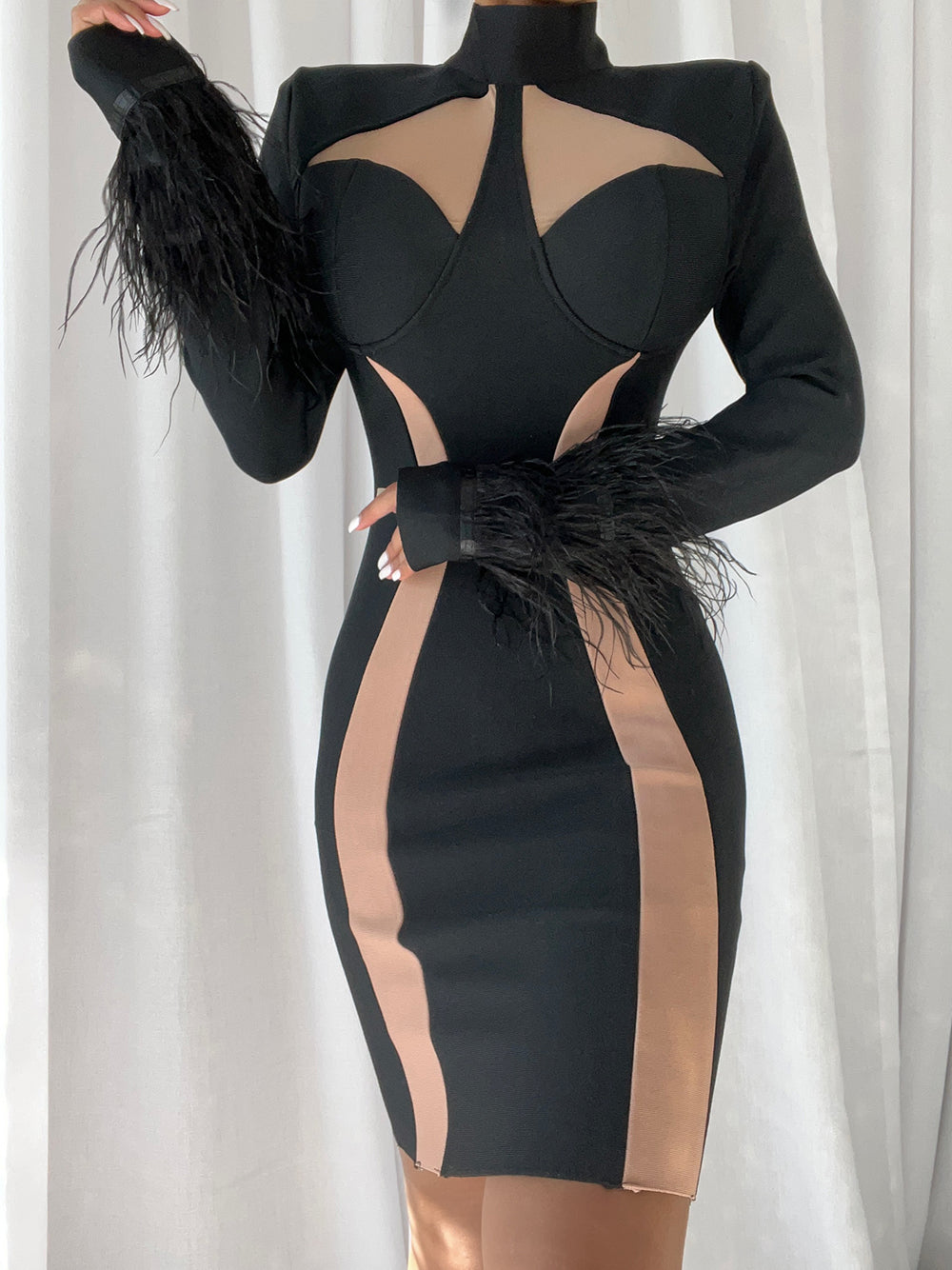 Black High Neck Mesh Cutout Feather Cuff Bandage Bodycon Mini Dress