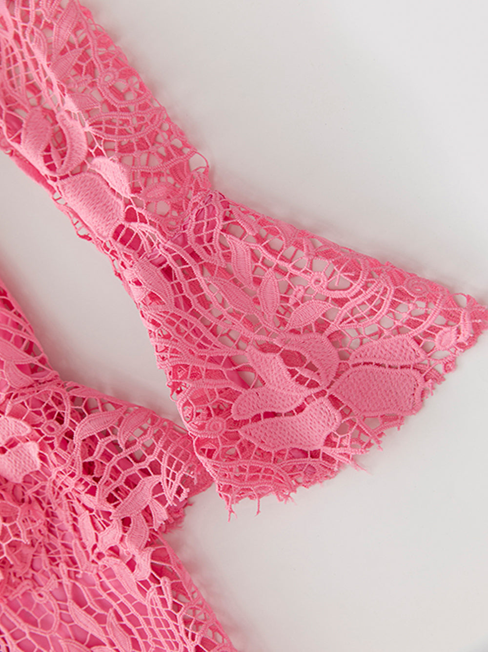 Pink Ruffle High Neck Bell Sleeve Crochet Lace Tiered Mermaid Maxi Dress 8