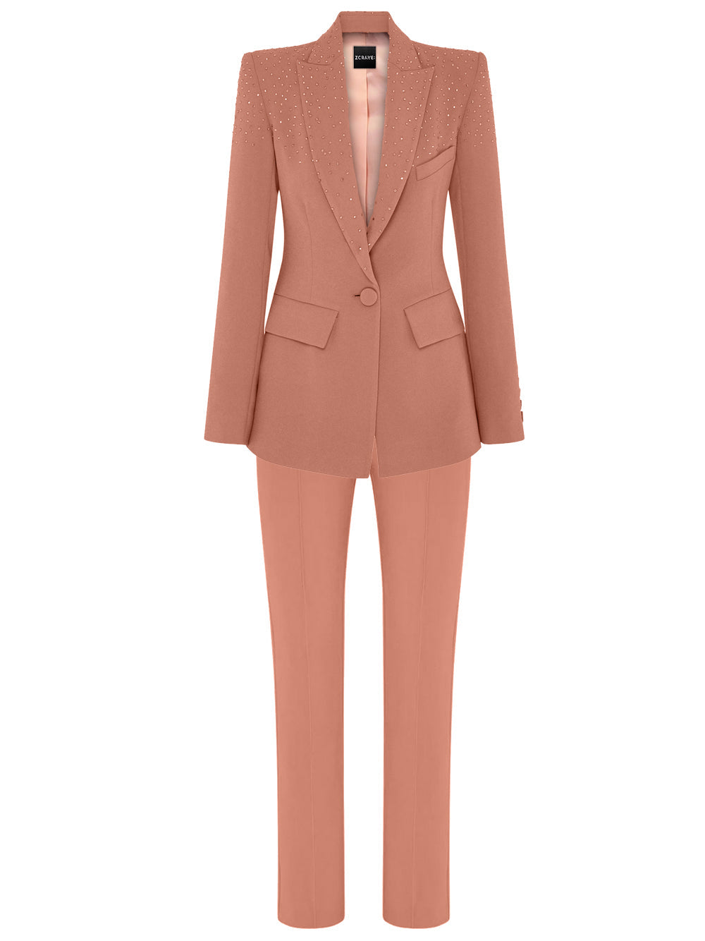 Pink Peak Lapel Rhinestone Embellished Blazer Trouser Set