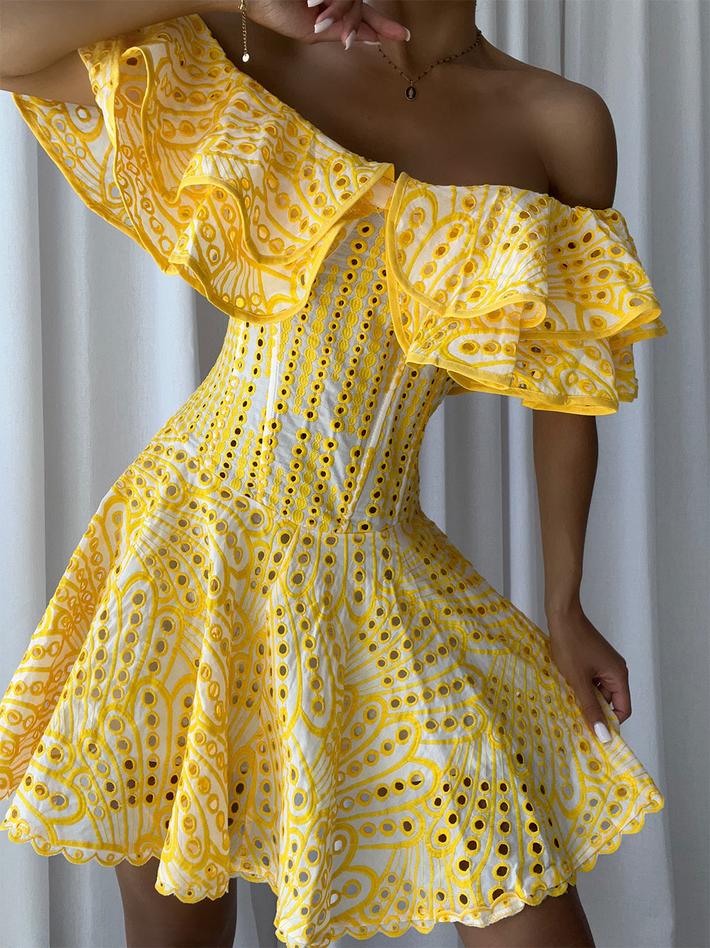 Yellow Off-Shoulder Ruffle Eyelet Embroidered Flared Mini Dress